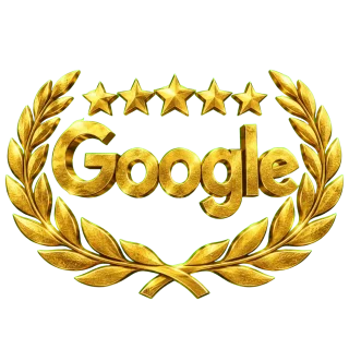 Google five-star rating surrounded by a gold laurel wreath and stars